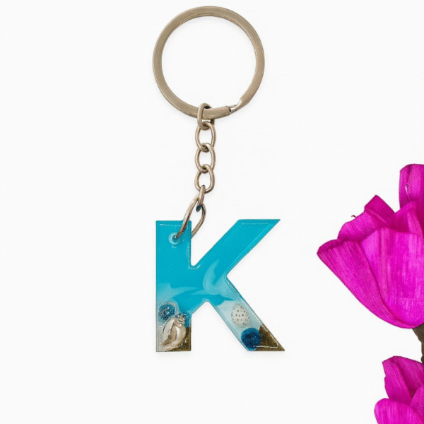Blue Resin Alphabet Keychain – Custom ‘K’ Charm with Metallic Finish